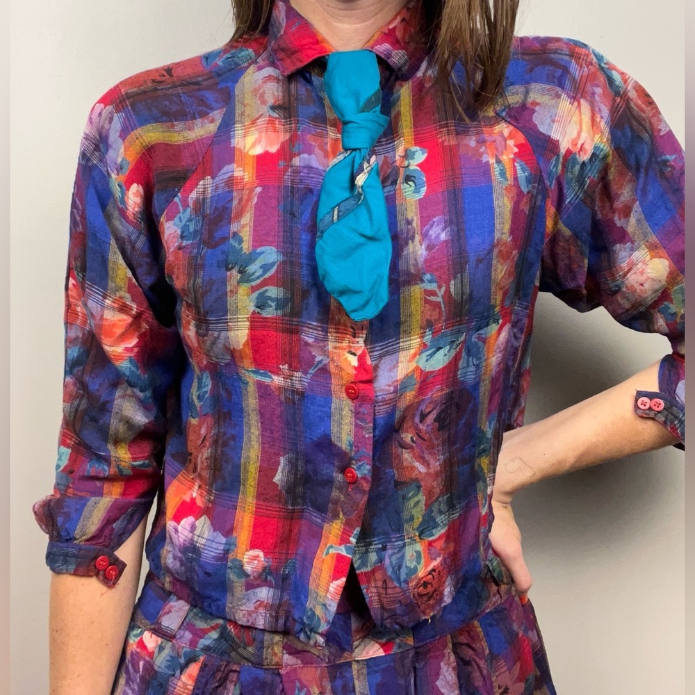 Vintage René Derhy Paris Two-Piece Set · Vibrant Floral Plaid Top & Harem Pants